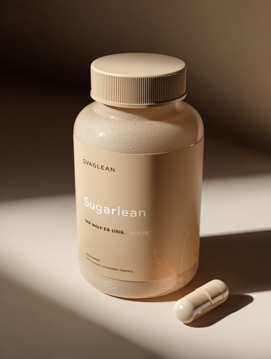 Sugarlean প্রাকৃতিক সম্পূরক - রক্তে গ্লুকোজের মাত্রা নিয়ন্ত্রণে কার্যকর ক্যাপসুল, বিশেষভাবে প্রস্তুতকৃত প্রাকৃতিক উপাদান দিয়ে তৈরি, নিরপেক্ষ পটভূমিতে পণ্যের প্যাকেজিং